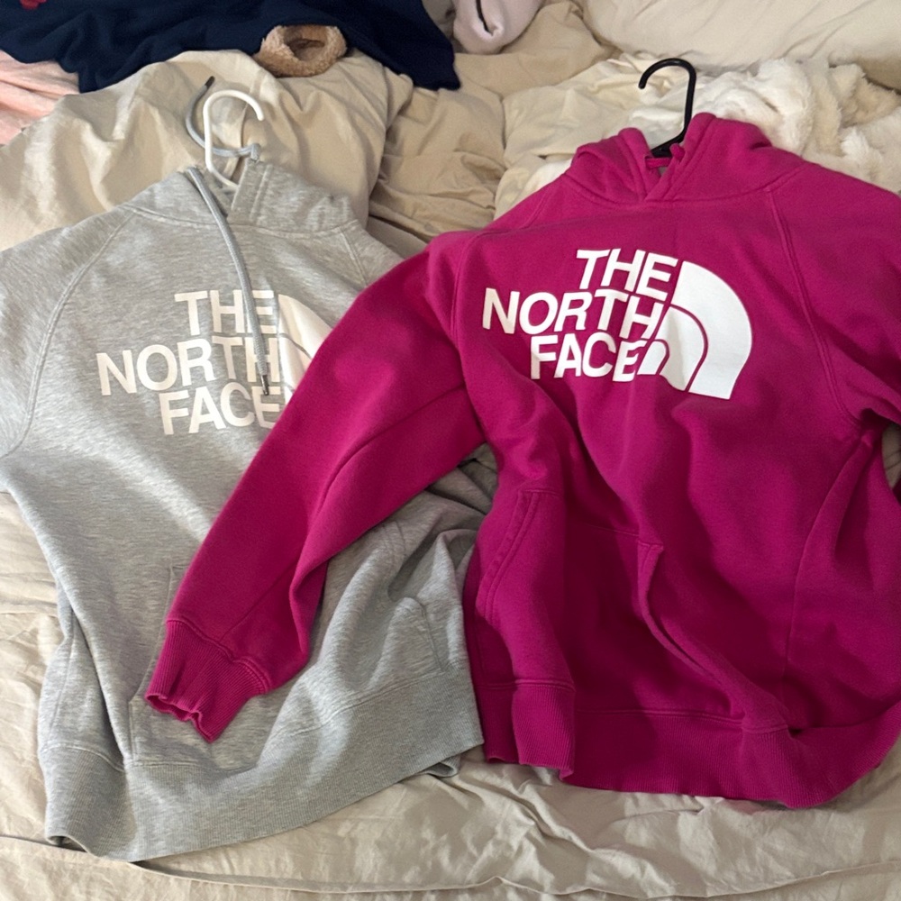 The North Face Fuchsia and Light Gray Hoodies